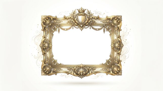 A gold ornate frame with intricate designs and a shield emblem, set against a white background with a subtle gradient.