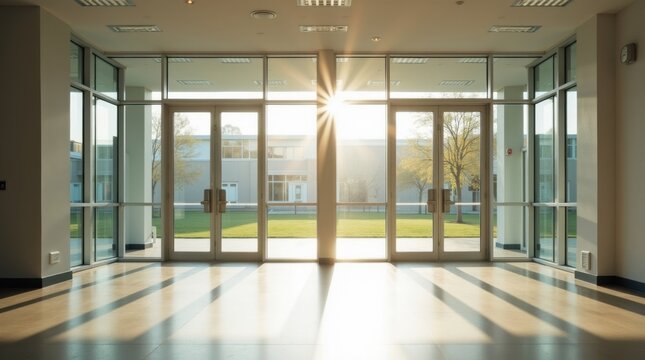 Entrada de la escuela con puertas de vidrio de piso a techo
