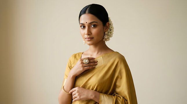 Elegant traditional Indian woman in golden saree with jewelry and floral hair adornment