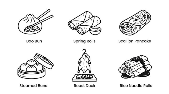 Chinese Dim Sum Food Icon Set Minimal Line Art
