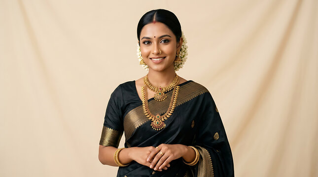Elegant traditional Indian woman dressed in black saree with gold jewelry and floral hair accessories smiling gracefully