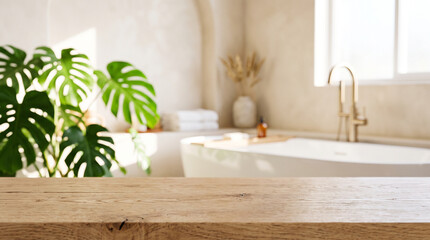 Fototapeta premium Empty wooden table top with blurred bathroom interior background