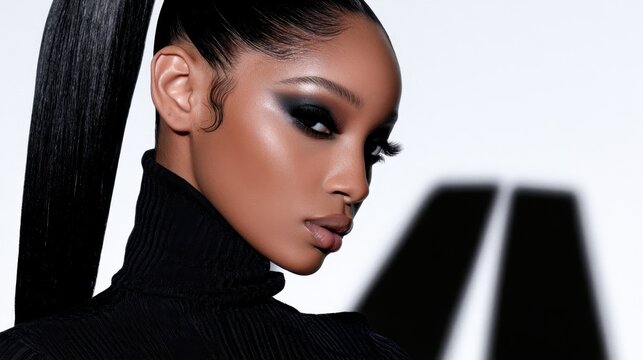 A striking portrait of a woman with sleek hair and dramatic makeup against a light background
