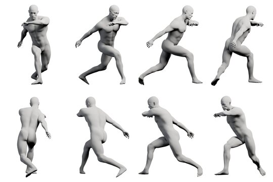 Multiview running pose reference figure white studio