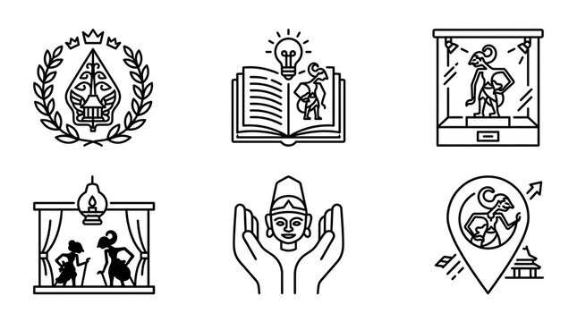 Indonesian Culture and Wayang Kulit Line Icon Set