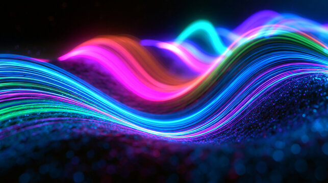 Abstract Glowing Fiber Optic Light Waves for Technology Background