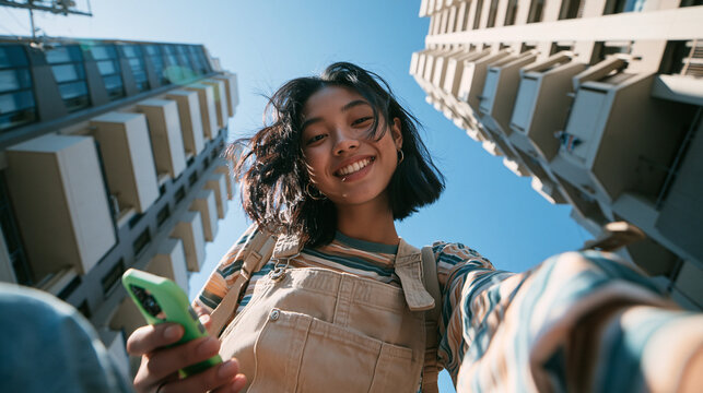 Young Asian Woman Taking Selfie with Smartphone in City