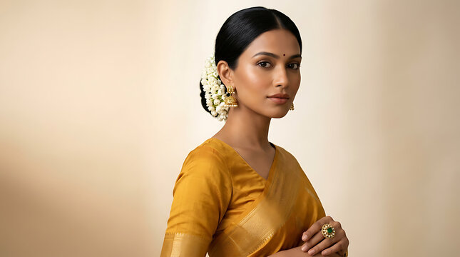 Elegant woman wearing traditional golden saree with jasmine flower hair accessory and intricate jewelry showcasing cultural
