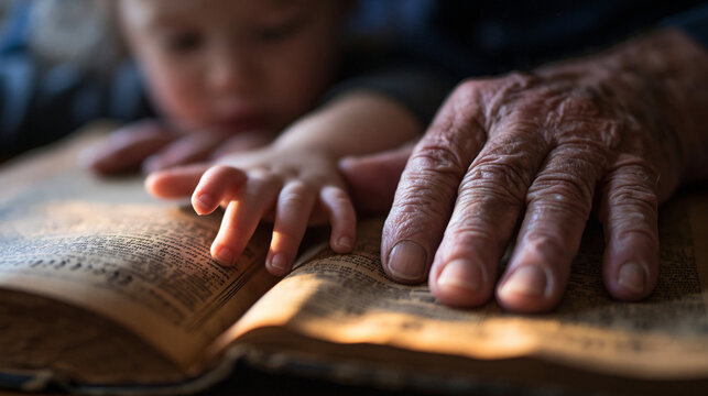 Senior and Child Hands Resting on Open Vintage Book