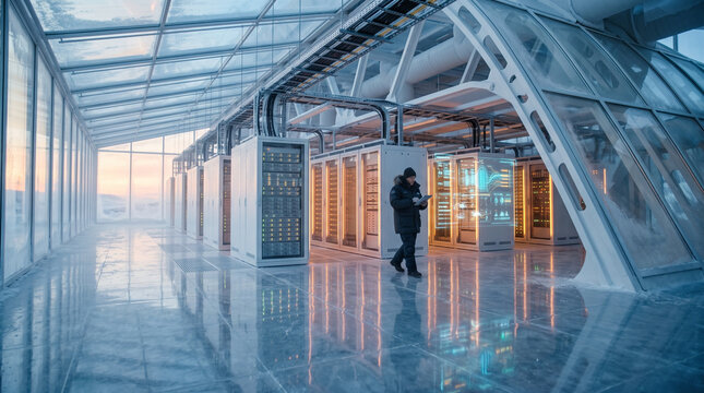 Technician Working in Futuristic Arctic Data Center Server Room