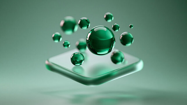 Green Glass Spheres Floating Above Glass Pedestal 3D Render