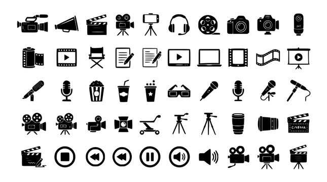 Modern movie cinema symbol silhouette black vector icon set isolated on white background