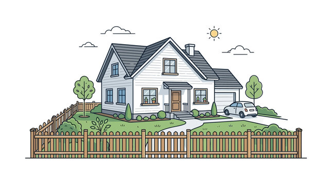 Suburban house with front yard and picket fence vector illustration