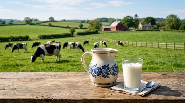 A rustic wooden table with a ceramic pitcher and a glass of milk, set against a picturesque rural landscape with cows grazing in the background.