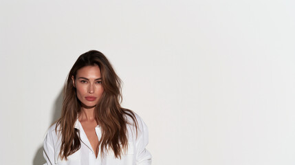 Fototapeta premium turkish female fashion model standing on white seamless background, professional turkish fashion model posing for ecommerce clothing catalog, realistic female fashion model with natural beauty