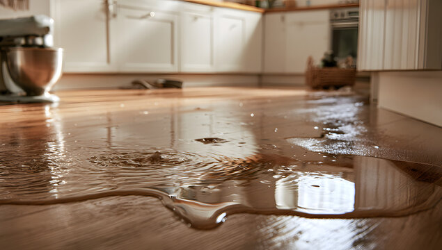 Moisture accumulation and flooding of the kitchen floor are due to a persistent water leak