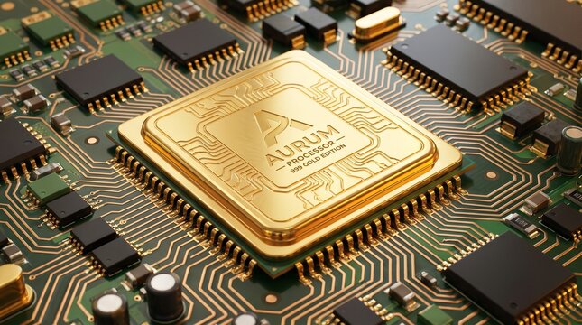 Aurum Processor 999 Gold Edition Mounted on Detailed Circuit Board