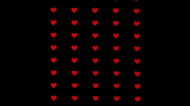 Red heart columns scroll vertically on a black background, then slow and align in a slot machine style animation, ideal for Valentine promos, romantic intros, transitions, and festive overlays.