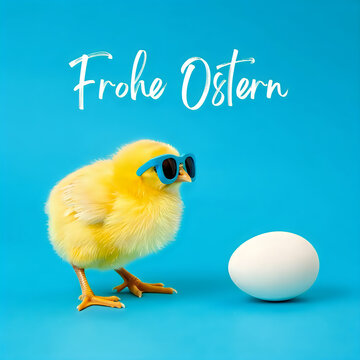 Cute fluffy yellow chick wearing blue sunglasses next to a white egg with German text