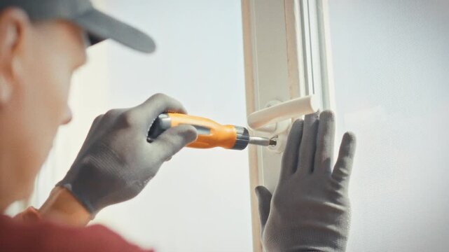 A technician in work uniform and gloves completes a plastic window repair tightening the final fasteners with an orange screwdriver. Concept of quality and reliable window repair service at home