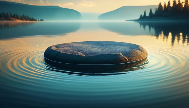 a round flat rock floating on water creating an illusion that it is in the air
