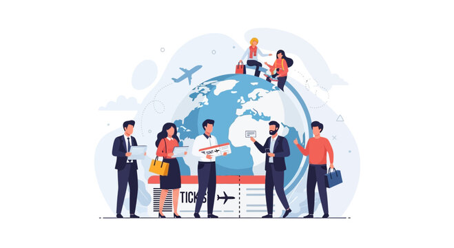 Diverse group of people holding tickets and luggage around a stylized globe, symbolizing global travel and tourism.