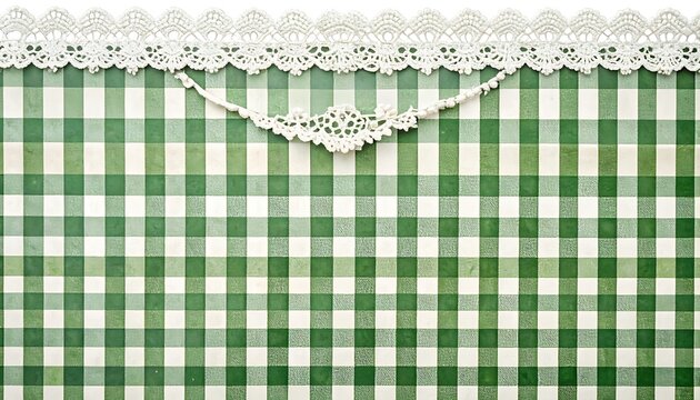 vintage green gingham fabric with white lace trim border, country style background