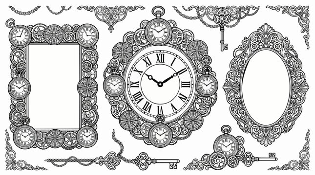 Black and white vector frame collection featuring antique pocket watches, clock faces, gears, cogs, keys, and ornate steampunk elements.