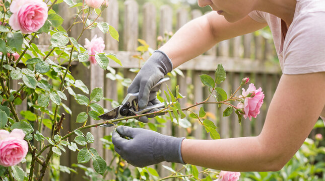 Woman pruning rose bush with garden shears in a backyard garden  