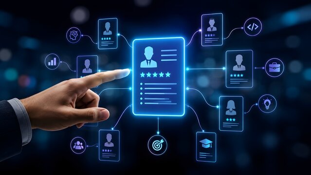 Hand interacting with digital interface showing professional profiles, skills, and career data, optimizing modern human resources and talent management.