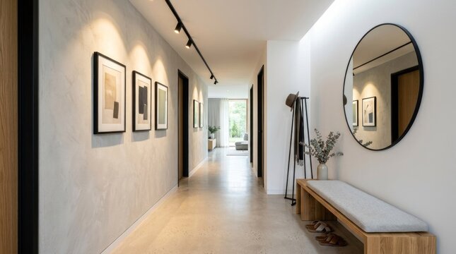 A modern, minimalist hallway with concrete walls, a white ceiling, and a round mirror on the wall. 