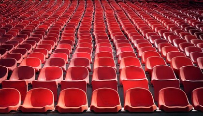 Naklejka premium row of vibrant red plastic seats in an empty football stadium