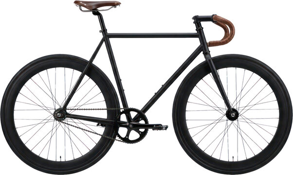 Matte black fixed gear bicycle on black background.