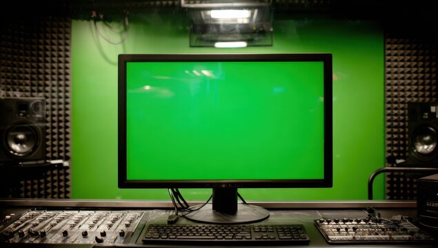 Professional recording studio control room with a computer monitor featuring a green screen for chroma key compositing