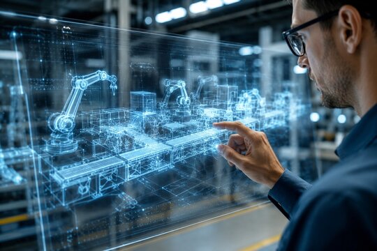 AI Data Analyst Reviewing Interactive 3D Analytics on Futuristic Digital Display