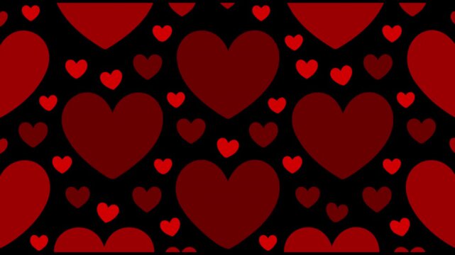 A repeating pattern of red hearts on a black background shifts in brightness as a spotlight-like highlight travels across large and small shapes, ideal for romantic intros, overlays, and promos.