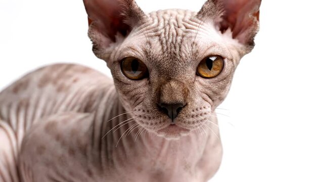 Sphynx cat turning head and gazing curiously in studio with white background