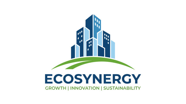 Ecosynergy logo design representing sustainable urban development, green city growth, and modern business innovation with eco-friendly corporate skyscrapers