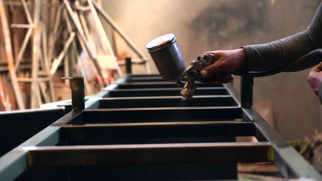 Spray Painting Iron Stairs in Workshop
 An industrial worker cleans and spray paints a steel iron stair structure inside a welding workshop, demonstrating metal fabrication, protective coating