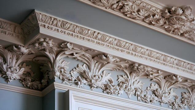 Ornate plaster cornices on ceilings feature intricate floral patterns and refined classical elements