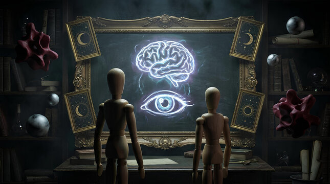 Surreal wooden mannequins observing glowing brain and eye.
