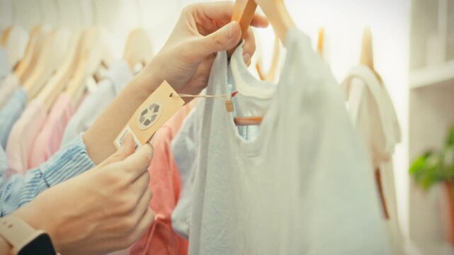 A woman examines a recycling label on a hanging garment in a brightly lit store surrounded by clothing on display. The concept of sustainable consumption and eco-friendly choices is in fashion