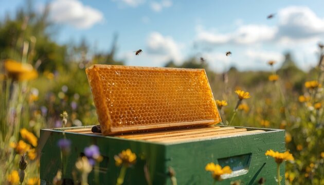 Honeycomb Haven: A pristine honeycomb rests atop a rustic green beehive amidst a vibrant field of wildflowers, with diligent bees buzzing in the bright blue sky.