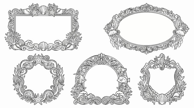 Decorative ocean vector frames set with seashells, starfish, seahorses, octopus tentacles, coral reefs, jellyfish, and tropical fish.
