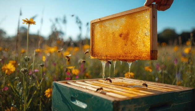 Golden Harvest: A beekeeper holds a frame of fresh honeycomb dripping with golden honey over a beehive, surrounded by a vibrant meadow full of wildflowers and busy bees.