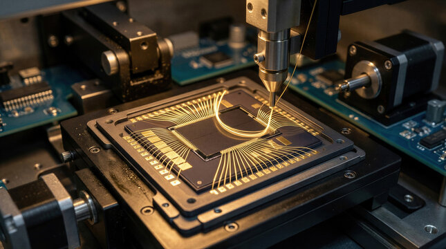 Industrial wire bonding machine connecting tiny gold wires to computer chip. Automated manufacturing process for semiconductor and microchip production. High precision electronics assembly.