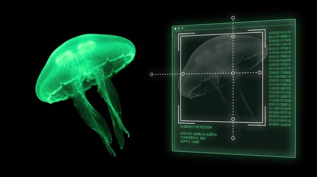 Glowing green jellyfish with AI object detection digital interface