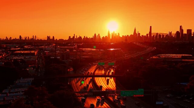 Flight over the multi-lane highway with many moving cars. High-rise skyline of New York City against orange sky at sunset in the backdrop.