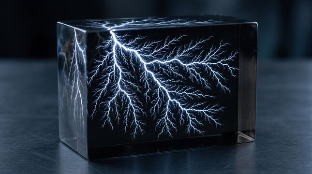 Lichtenberg figure in acrylic block. Electric discharge pattern captured inside transparent resin. Scientific experiment showing high voltage fractal trail. Physics and electricity concept.