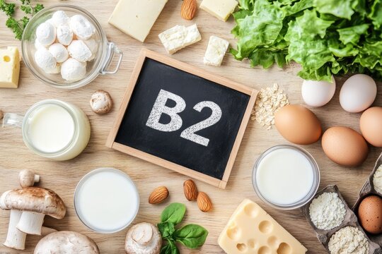 Various dairy products, vegetables, and nuts arranged around a chalkboard displaying the letter B2 on a wooden surface, showcasing healthy food options